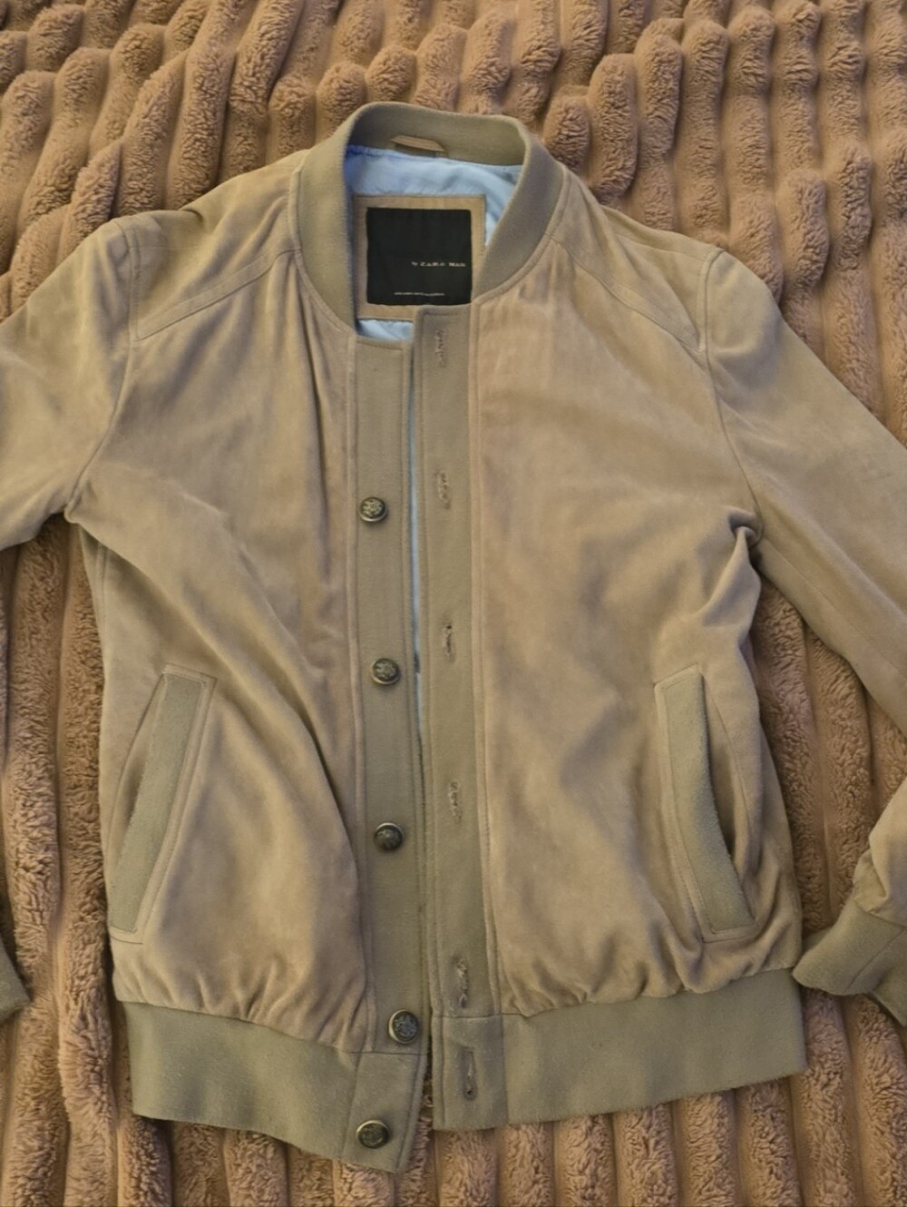 Zara Man Black Tag Premium Suede Jacket in Camel